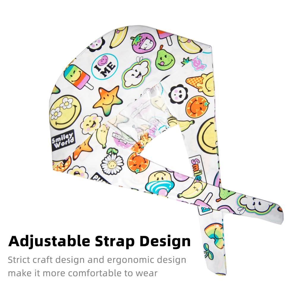 2 Stück Zähne Bedruckte Scrubs Mütze mit Knöpfen Verstellbare Baumwoll Scrub Cap Bouffant Mütze Frauen Scrubs Hüte Unisex Stillkopfbedeckung