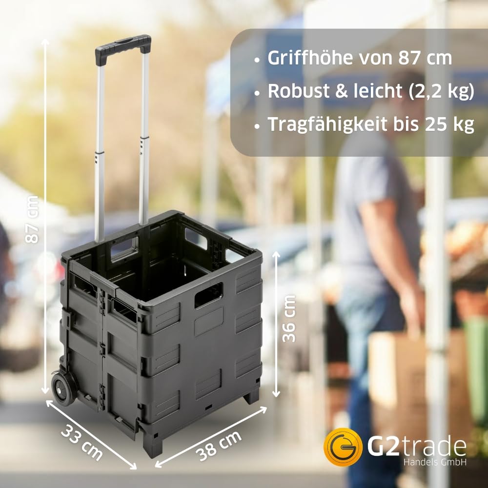 G2 Klappboxtrolley SPACY – Klappbarer Einkaufstrolley mit Rollen, faltbar & leicht – Tragkraft 25 kg – Einkaufskorb mit ausziehbarem Griff – Klappbox für Einkauf & Transport – Schwarz