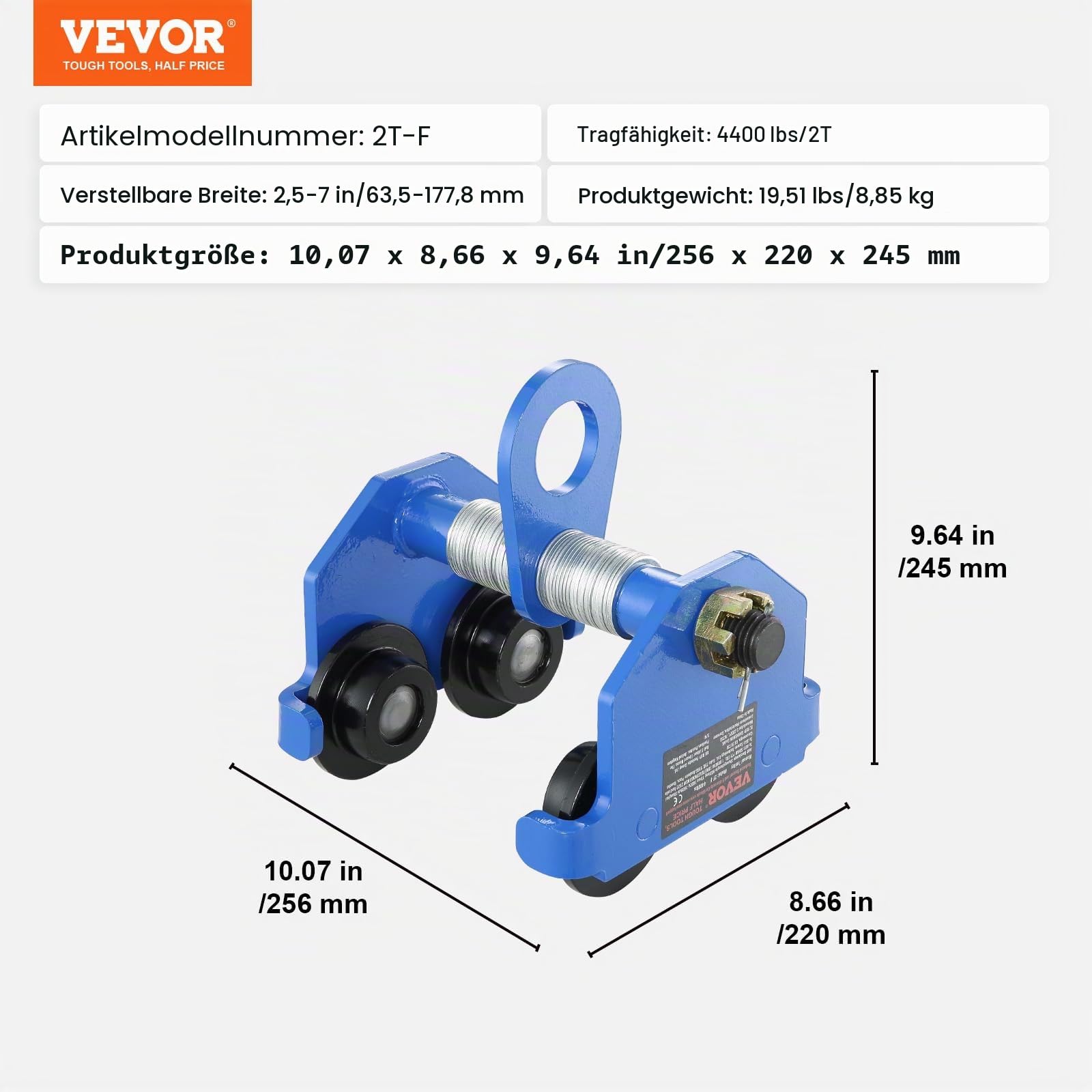 VEVOR Laufkatze 2000 kg Tragkraft Rollfahrwerk mit Doppelrädern, einstellbar für I-Trägerflanschbreite 63,5 bis 177,8 mm Hochleistungs-Garagenhebezeug aus legiertem Stahl für gerade gebogene I-Träger