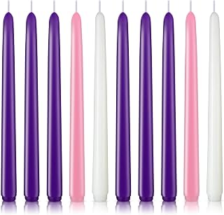 Advent Candle Set - 10 Pack of 10-Inch Taper Candles (2 Group of 3 Purple, 1 Pink and 1 White) for Christmas Advent Wreath, Unscented, Dripless, and Smokeless