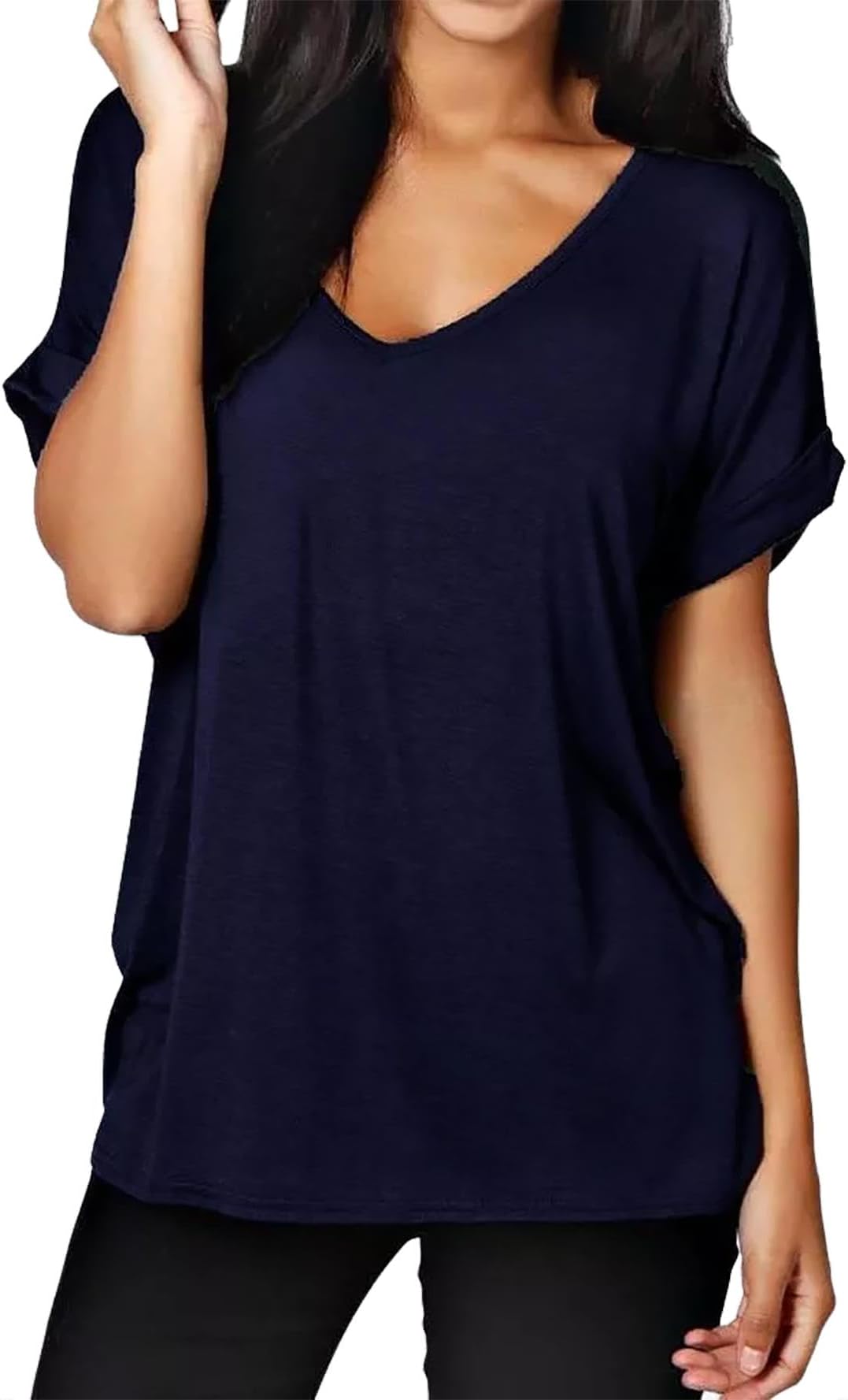 Womens Oversize Fit V Neck Top Ladies Baggy Plus Size Batwing Casual T Shirt sizes 8-24 (XXL UK 20-22, Navy)
