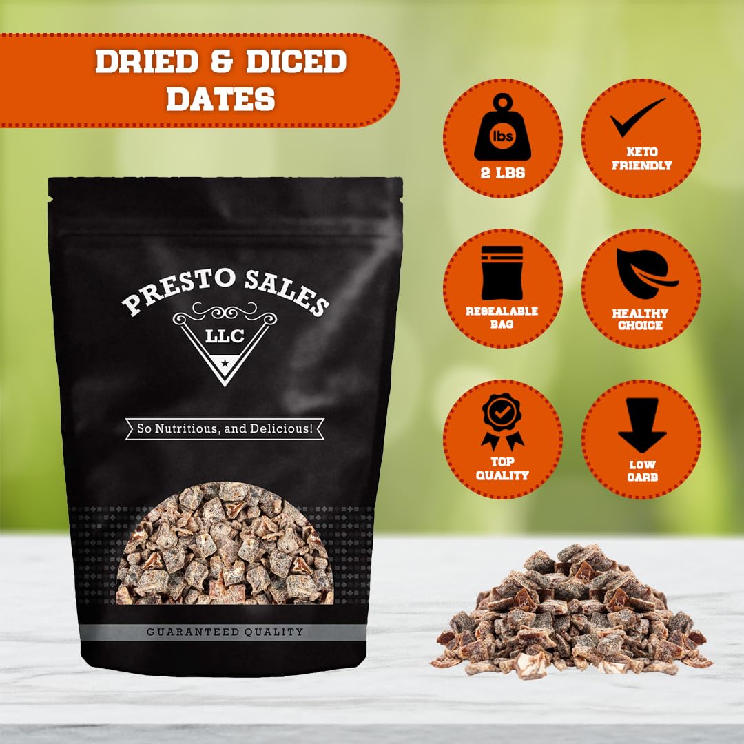 Presto Sales Chopped Dates 32 oz. | Rich Meaty Thick Flesh, 3/8’’ diced | Called "The King Of Dates", Sweet Nutritious Healthy Diced Dates Snack, Vegan | Resealable 2 lbs. bag