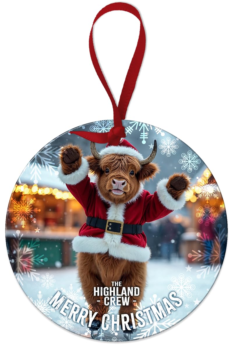 The Original Metal Sign Xmas Highland Cow Skates Round Metal Dangler Ornament Sign (75 Mm Diameter) - The Highland Crew (Xmas Highland Cow Skates)