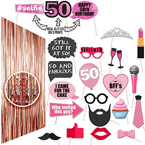 50th Birthday Photo Props| Photo Booth 23 Pieces |Funny 50th Birthday Party Supplies, Decorations and Favors 50th Birthday Party Ideas, Decor| Women, Girl Lady | Rose gold Photo Props Real glitter 50
