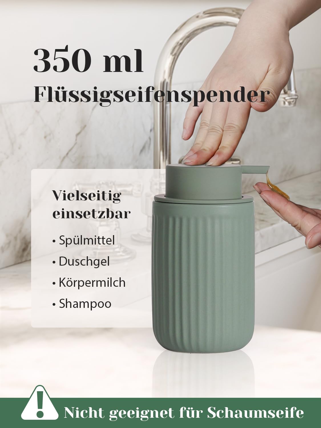 Badezimmer Set Grün, 4-teilig Keramik Bad Zubehör - 350 ml Seifenspender, Zahnputzbecher, Seifenschale & Wattestäbchen Behälter, Deko Badausstattung Set für Waschbecken