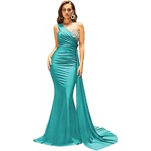 One Shoulder Bridesmaid Dresses for Women Long Ruched Satin Mermaid Formal Party Dress with Train