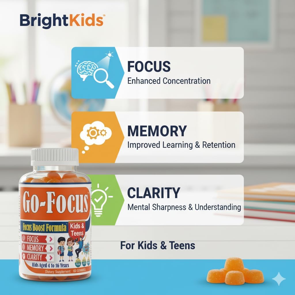 BrightKids Brain Supplements for Memory and Focus, Omega 3 & DHA Focus Gummies for Kids, Memory Booster Focus Supplement for Kids & Teens- Low-Sugar, Natural Fruit Flavor 60 Gummies - Image 2