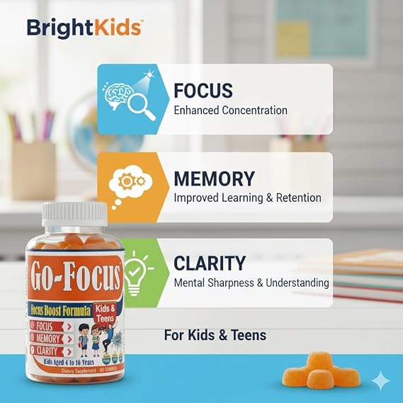BrightKids Brain Supplements for Memory and Focus, Omega 3 & DHA Focus Gummies for Kids, Memory Booster Focus Supplement for Kids & Teens- Low-Sugar, Natural Fruit Flavor 60 Gummies