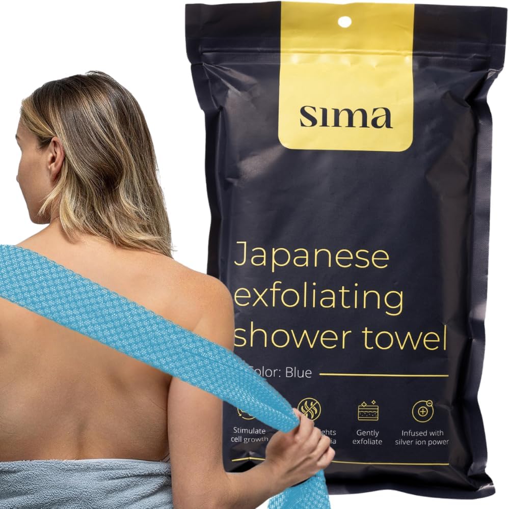 Sima Brand Exfoliating Washcloth Face & Body Scrub Towel - Japanese Exfoliating Towel with Hexagon Fibers, Body Scrubber with 2 Sides for Scrubbing & Washing, Extra Long Body Towels (Blue)