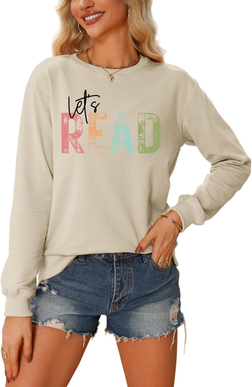 Reading Book Sweatshirt Women Let's Read Graphic Long Sleeve Shirts Teacher Book Lover Bookish Pullover Tops - Image 2