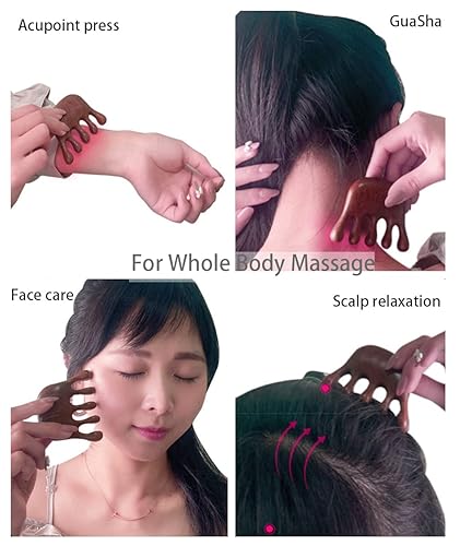 Miniatura 5 de Peine de masaje de madera Gua Sha peine de dientes anchos para el cuero cabelludo de la cabeza facial masaje corporal masajeador de sándalo natural