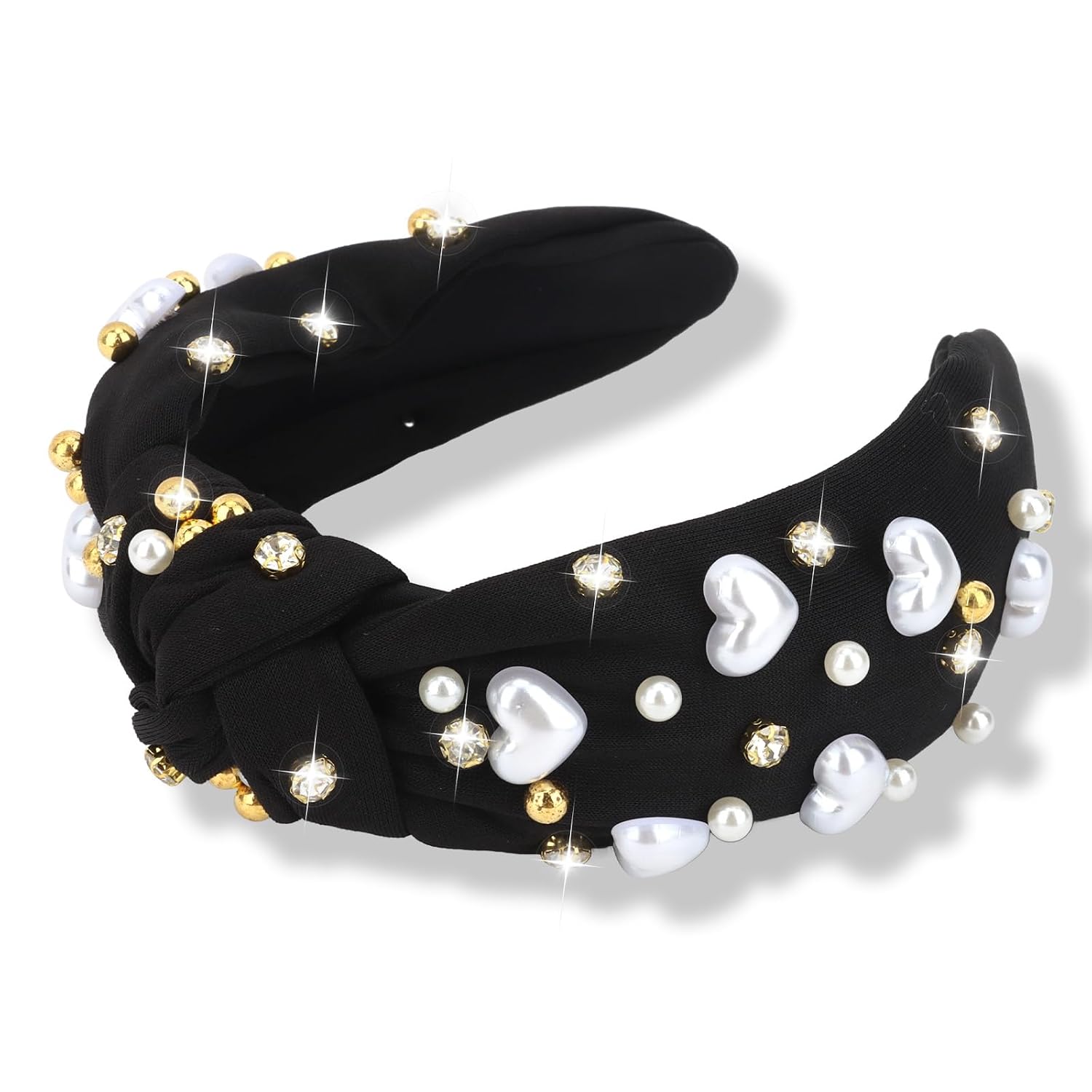 Jaciya Valentines Headband Black Knotted Headbands for Women Girls Heart Head Band Pearl Hair Accessories Valentine's Day Decorations