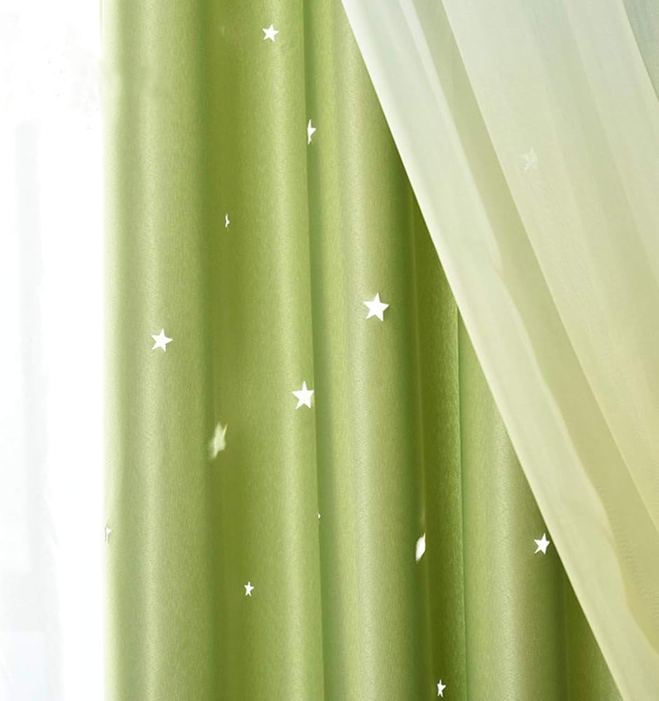 ABREEZE 1 Panel Blackout Star Curtains for Girls Boys Bedroom Romantic Gradient Tulle Overlay Curtain Green Double Layer Sparkle Star Hollowed-Out Curtains 59 x 63 inch