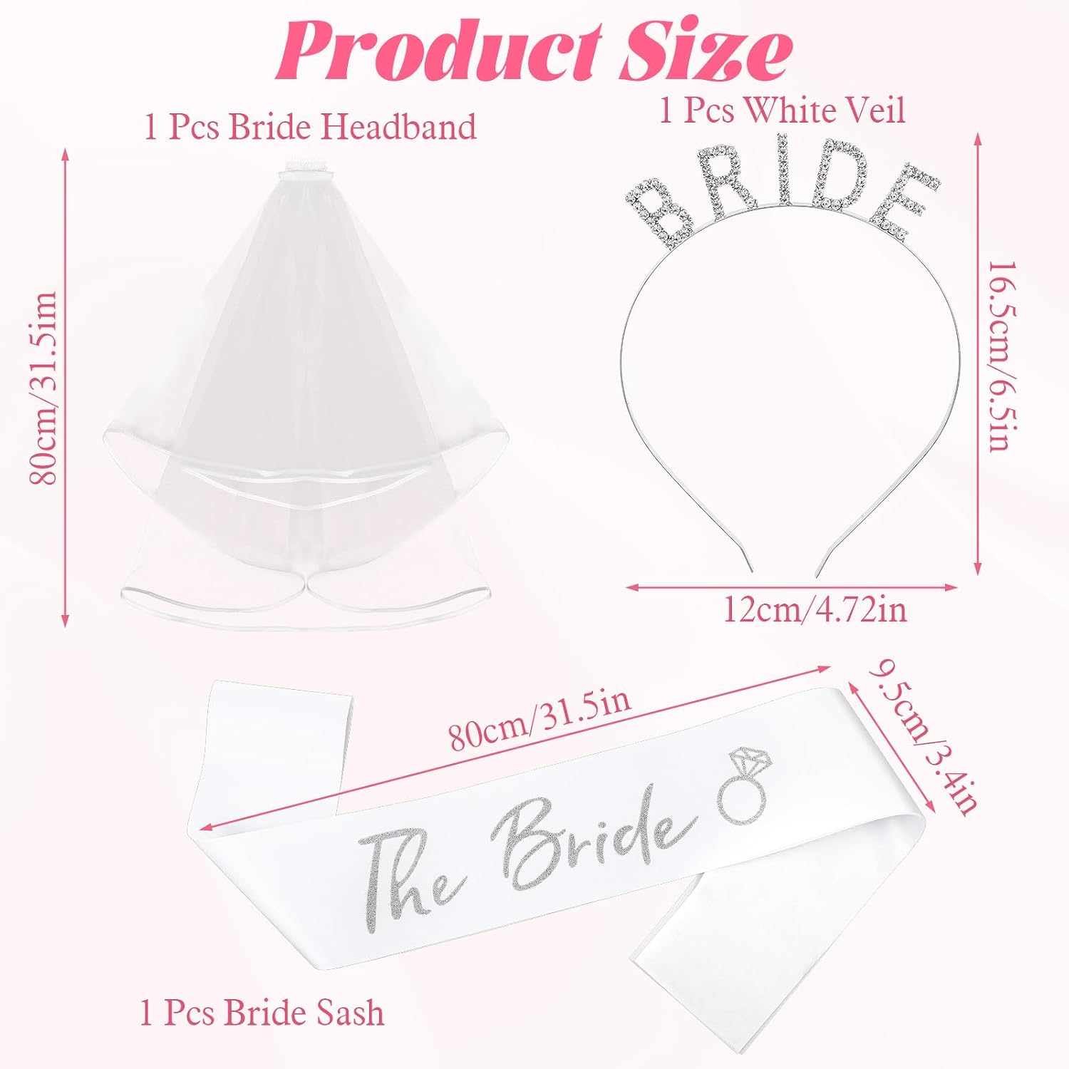 3pcs Veil For Bachelorette Party - Bride Headband With Brides Sash And Wedding Veil Set For Bridal Shower Accessories, Perfect Gift And Favor