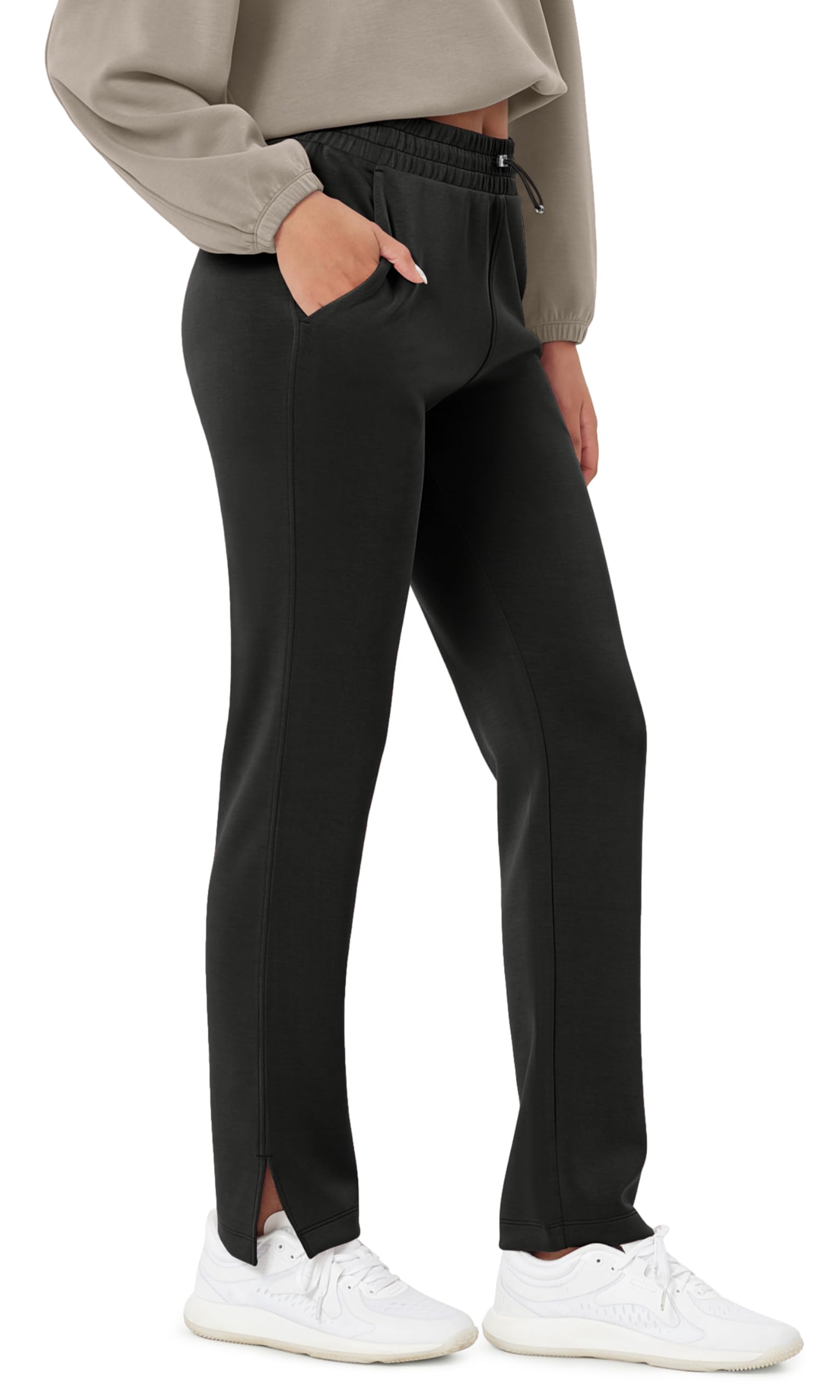 ODODOS Women's Modal Soft Split-Hem High Waist Pants with Pockets Adjustable Shockcord Casual Lounge Pants