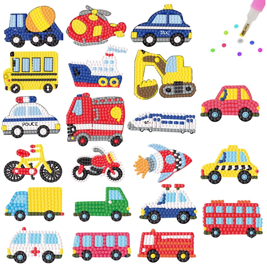 21 PCS Diamond Art Kits for Kids, Transportation Themed Sticker and Rhinestone Craft Set, Gems, Tools for Toddlers Boys Girls and Adult Beginners, Fun DIY Activity and Creative Gift Idea (style two)