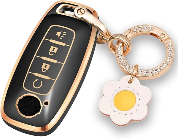 Lcyam Bling Keychain Remote Control Fob Case Cover Fits for 2023 2024 Kicks 4 Button Ariya Smart Car Accessories, Black