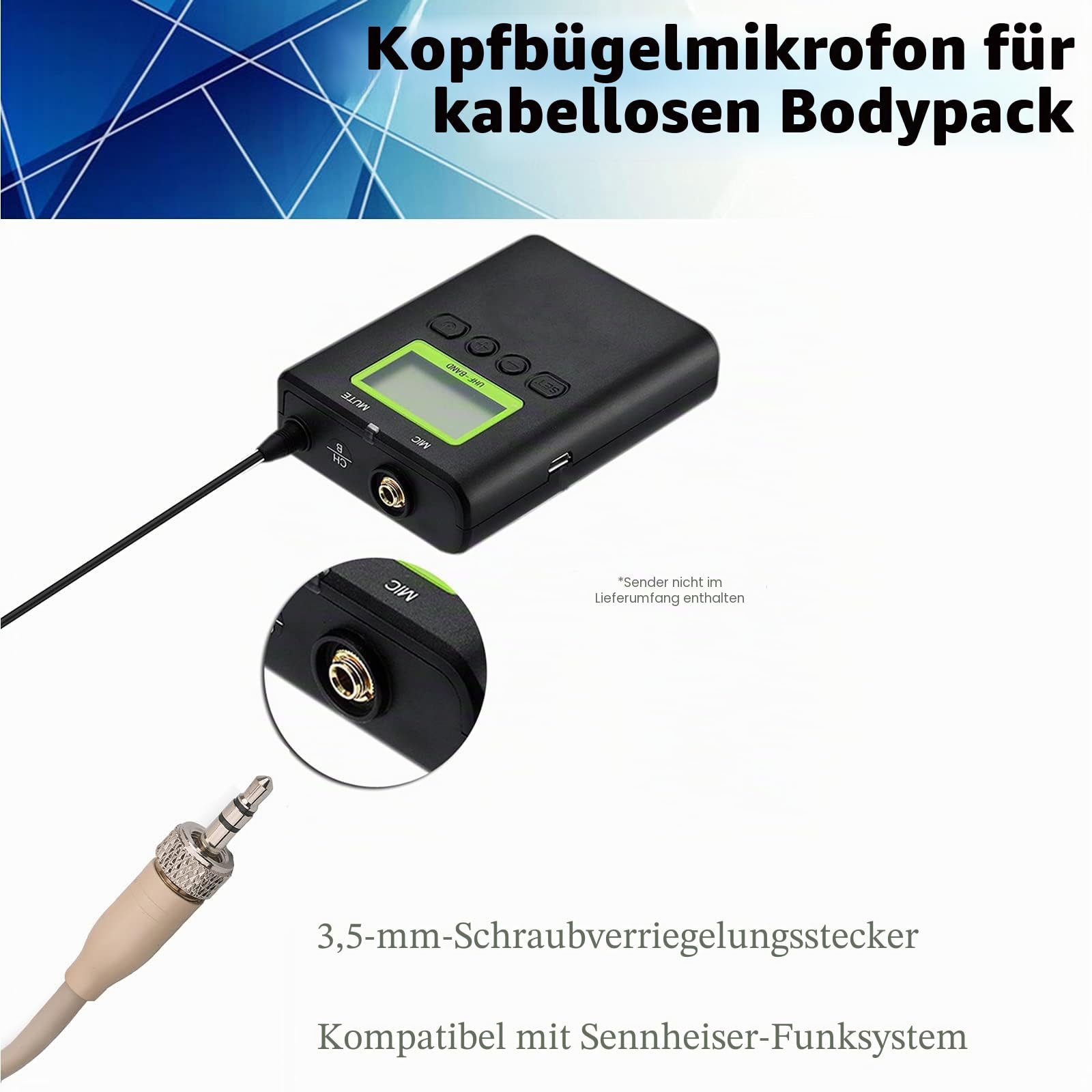 Headset Mikrofon Stirnband mic für Sennheiser kabellos Bodypack Transmitter Taschensender - Ideal für Vorträge, Theater, Podcasts - 3,5 mm Schraubverschluss Stecker