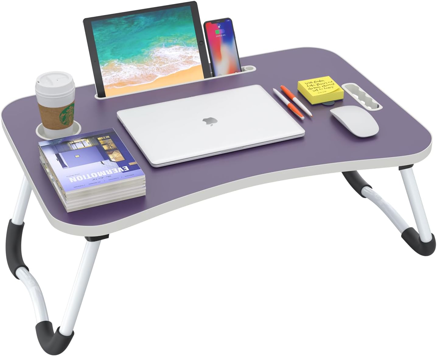 BUYIFY Folding Lap Desk, 23 Inch Portable Wood Purple Laptop Bed Desk Lap Desk with Cup Holder, for Working Reading Writing, Eating, Watching Movies for Bed Sofa Couch Floor