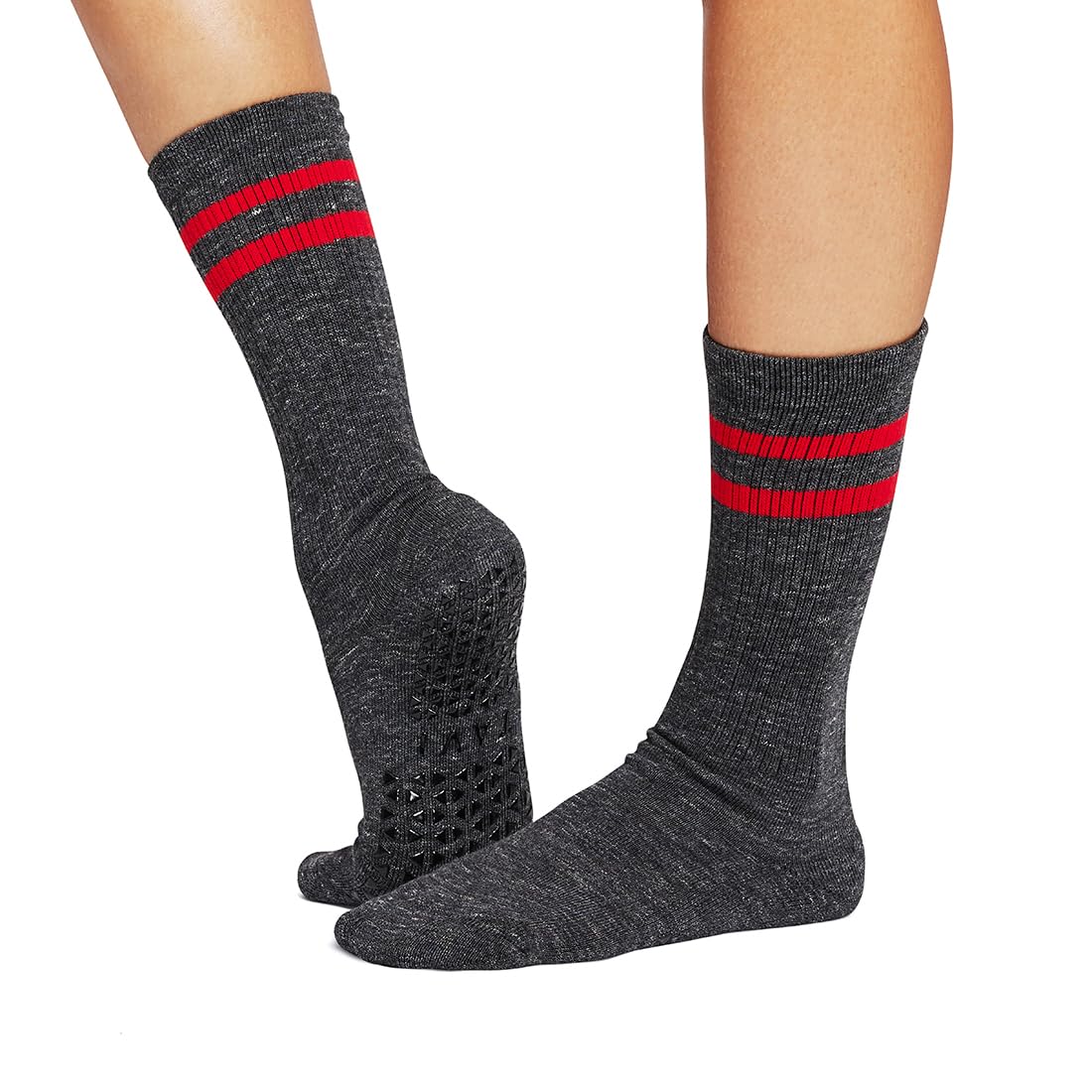 TAVI Kai Crew Grip - Calcetines para mujer, calcetines de pilates con agarres antideslizantes, soporte de arco, para yoga, barra, entrenamientos de estudio, Gris/blanco, paquete de 2, M