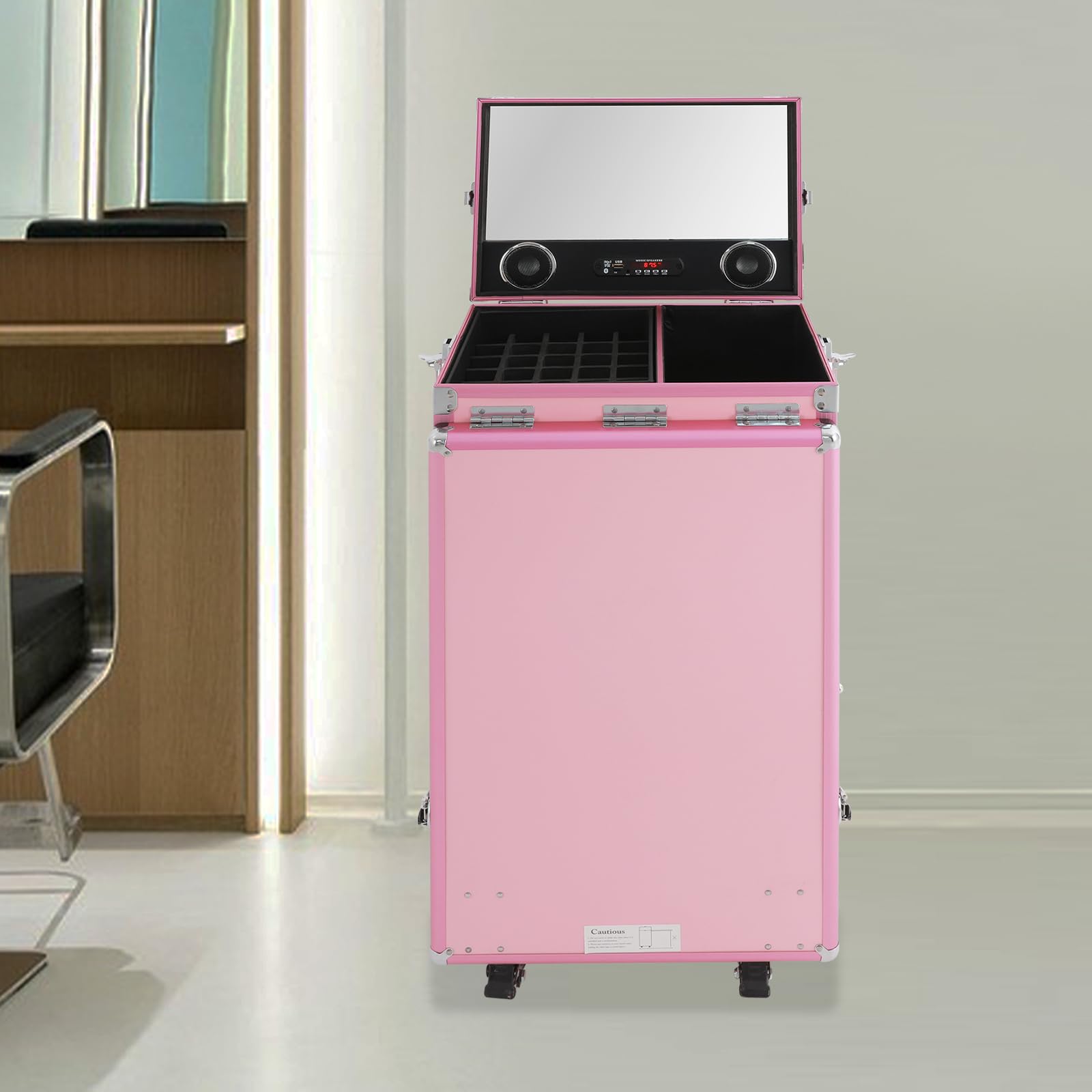 Rolling walizka na stół do manicure, kuferek na kosmetyki, walizka fryzjerska z 4 szufladami i 4 kółkami, dla fryzjera, miejsca pracy, składana, nośność 50 kg, z Bluetooth (różowa)