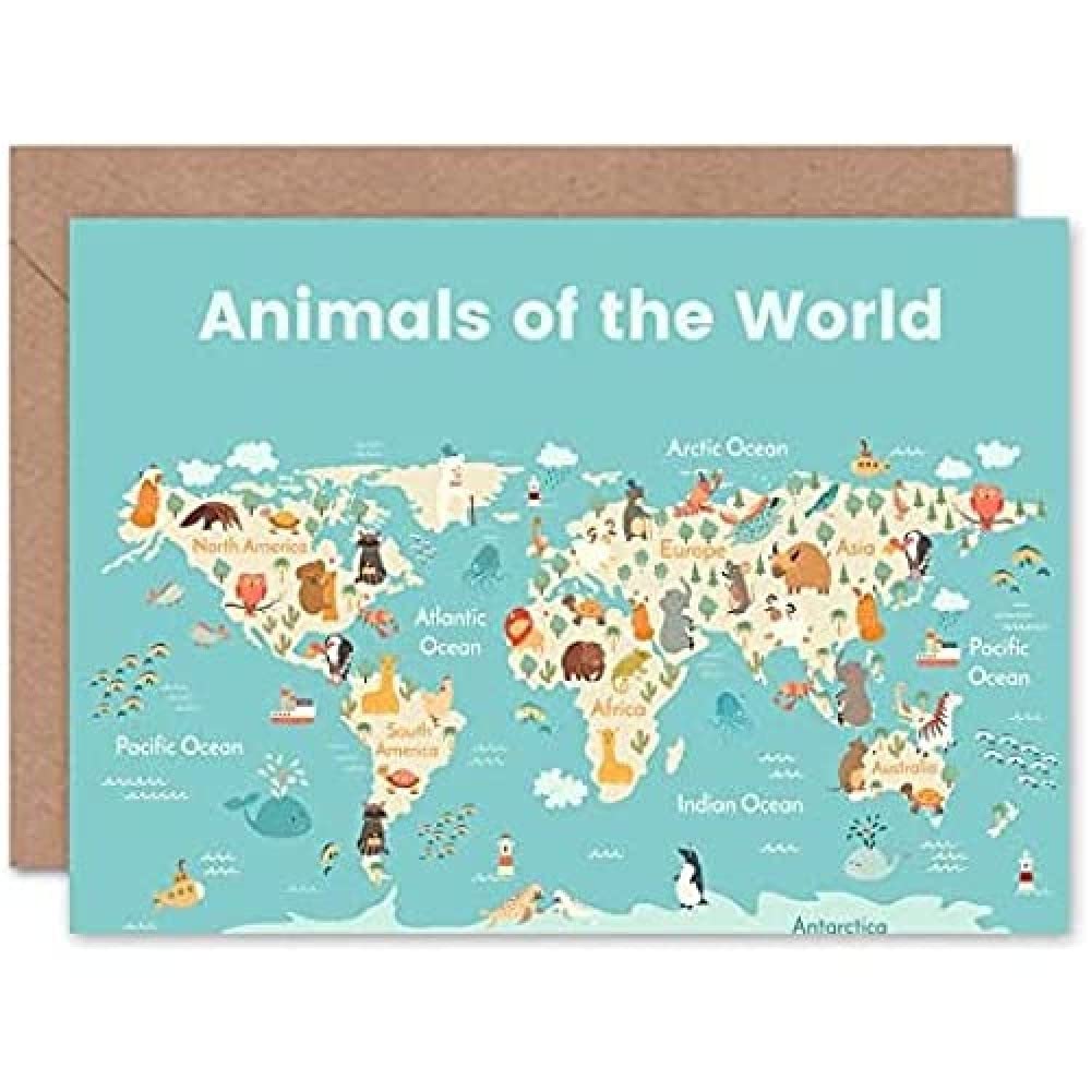 Fine Art Prints Brown Animals Of The World Map Greeting Card With Envelope Inside Premium Quality