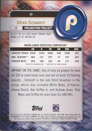 Miniatura 2 de 2022 Topps Gold Label Class 1#26 Mike Schmidt Philadelphia Phillies Baseball Card - GotBaseballCards