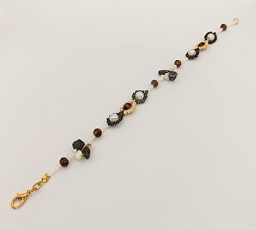 Miniatura 2 de Elegange brazalete para dama hecho a mano de perlas fantasia, cuentas de vidriol y cristales de 8" de largo, en blanco café y beige, ideal para