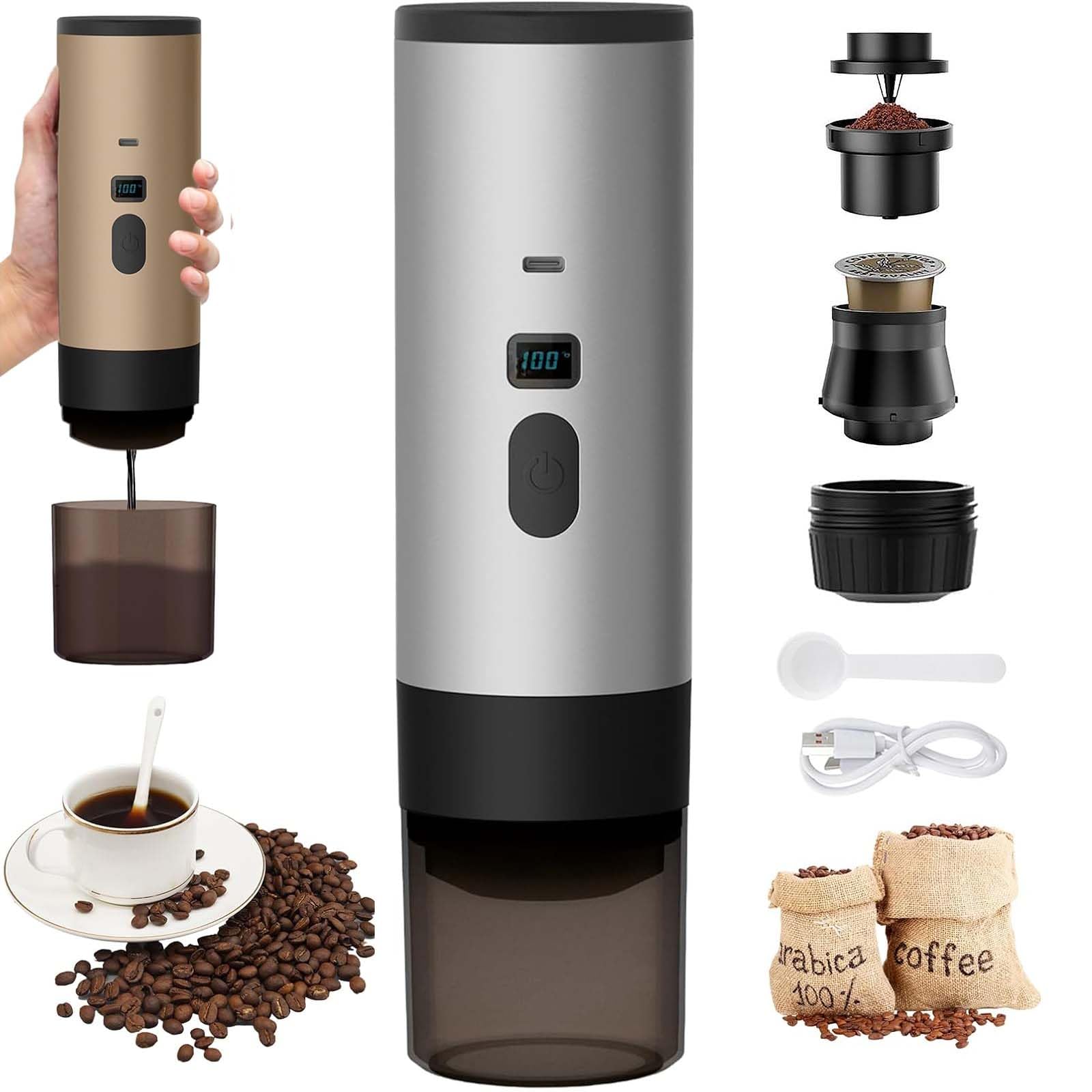 3 in 1 Portable Coffee Maker, 72W Coffee Maker, Portable Coffee Maker, 12V Rechargeable Espresso Coffee, USB, Espresso Coffee with Pods, Water Reservoir, 90ml, for Office, Camping, Car, Travel