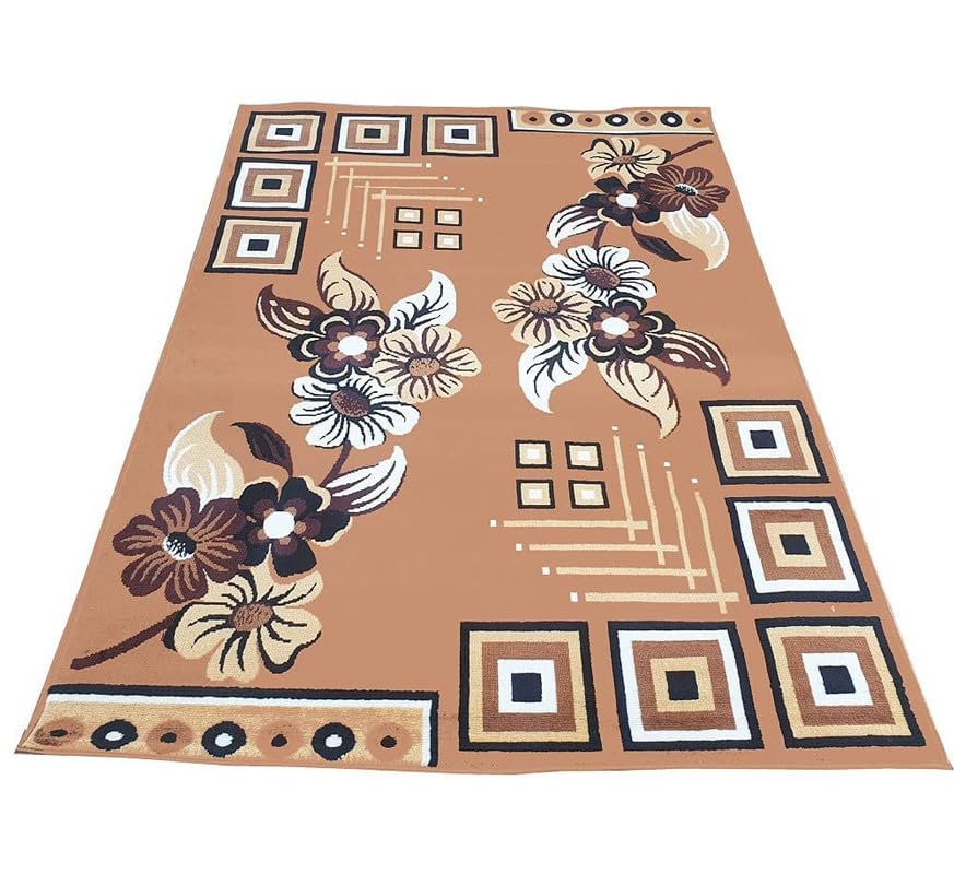 Image of Floral Design Acrylic Polyester Carpet for Living Room 5X7 Feet Color Gold(150X210Cm), Large Rectangle