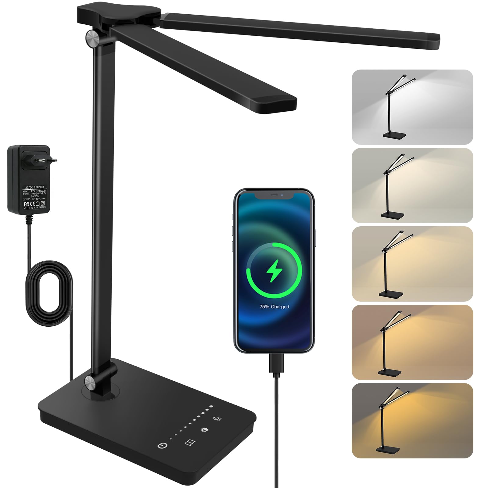 JVURICE Schreibtischlampe LED Dimmbar mit Augenschutz, 5 Farben und 10 Helligkeitsstufen, Timer-Funktion, Memory Lesemodus Tischlampe für Kinder Schlafzimmer Büro