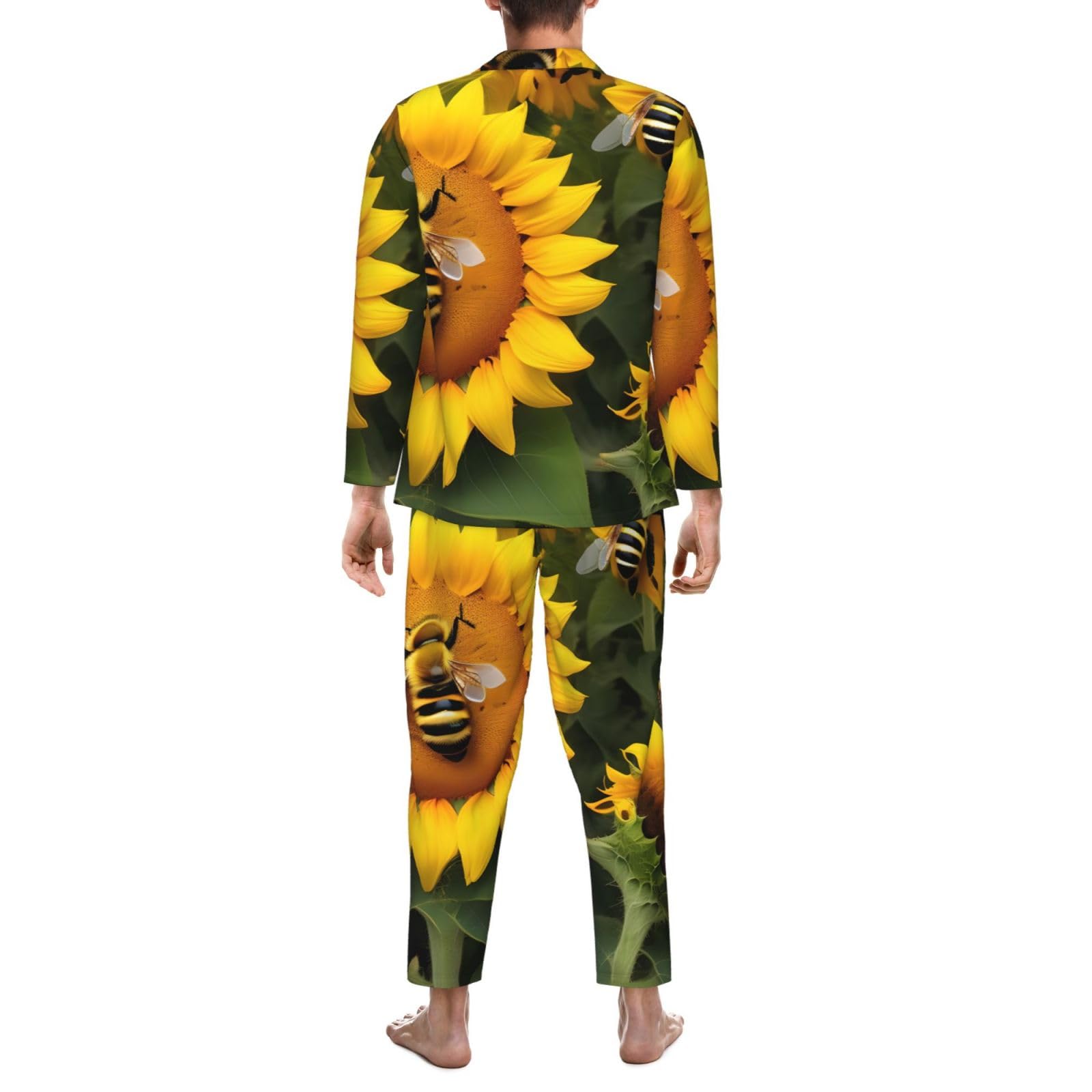 Conjunto de pijama de manga larga para hombre con estampado de abejas de girasol, ropa de dormir transpirable y cómoda