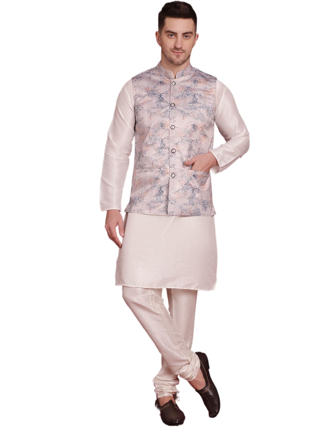 jompers Men's Silver Floral Printed Nehru Jacket With Kurta Pyjama Set (Silver, S)-picture-11