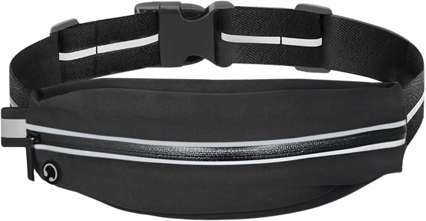 BILIONE Slim Running Belt, Runners Fanny Pack for Women and Men, Reflective Run Waist Belt for Workout Jogging with Headphone Port, Running Gift Gear (Black)