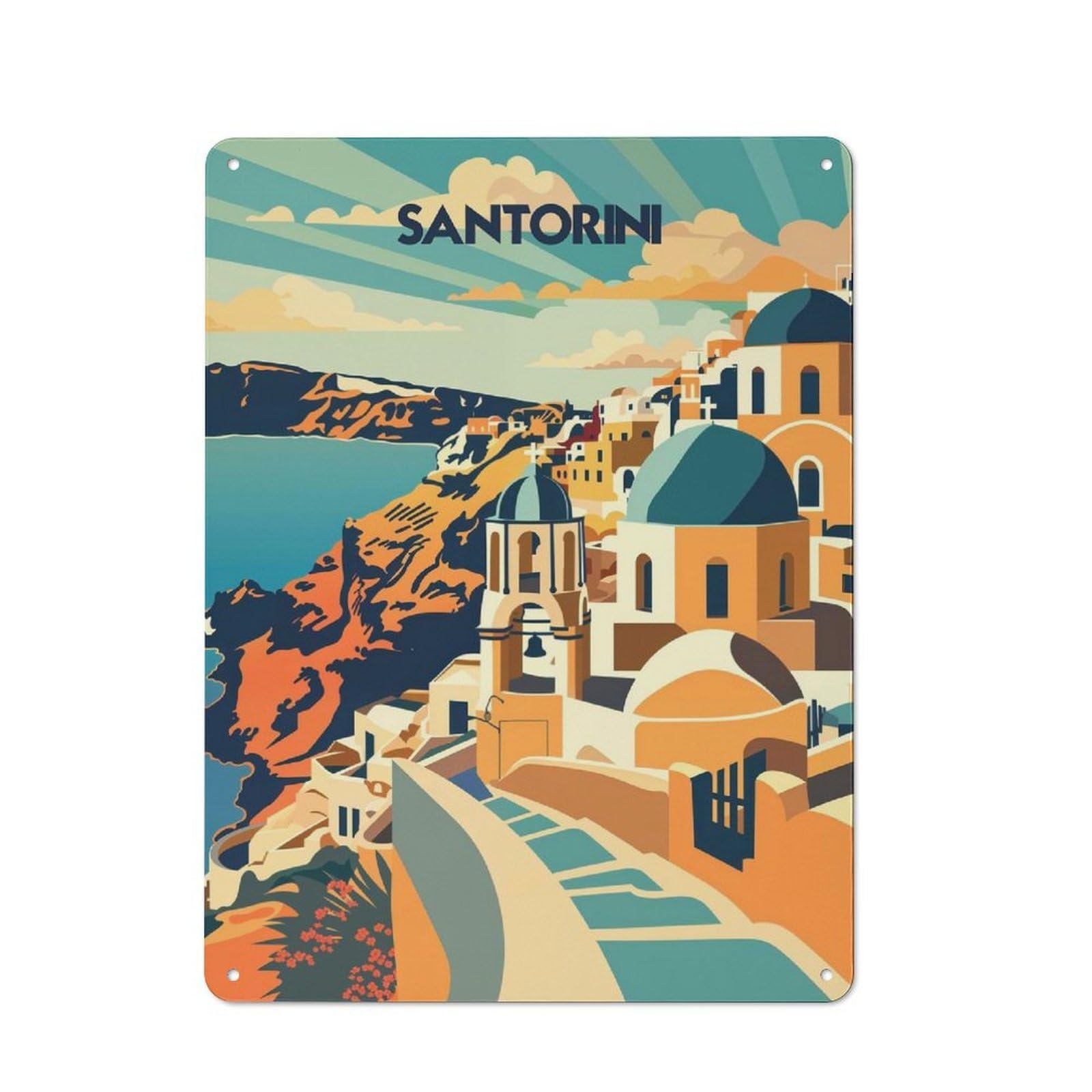 Junmoney Santorini Sunlit Domes Decorative Tin Sign With Design 40X30cm, Classic Old Style Wall Plaque For Living Room, Hallway, Kitchen Or Cafe