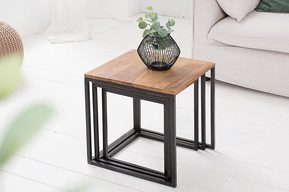 invicta INTERIOR Beistelltisch 3er Set Elements Sheesham Metall schwarz Satztische Tischset Couchtische Beistelltische Wohnzimmertische
