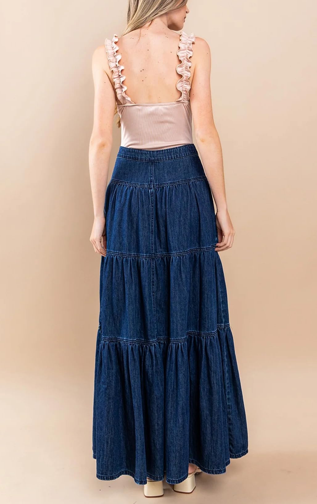 Falda de Mezclilla Maxi Informal con gradas de una línea para Mujer Falda Larga de Mezclilla Boho Plisada con Columpio Fluido