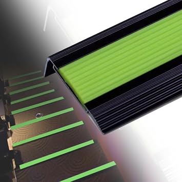 40" Stair Nosing with Glow Strip, Aluminum Stair Edge Protector, Non-Slip Step Tread Edge Trim, Glow in Dark Stair Edging, Indoor Outdoor Easy to PasteBlack+Green,W70mm