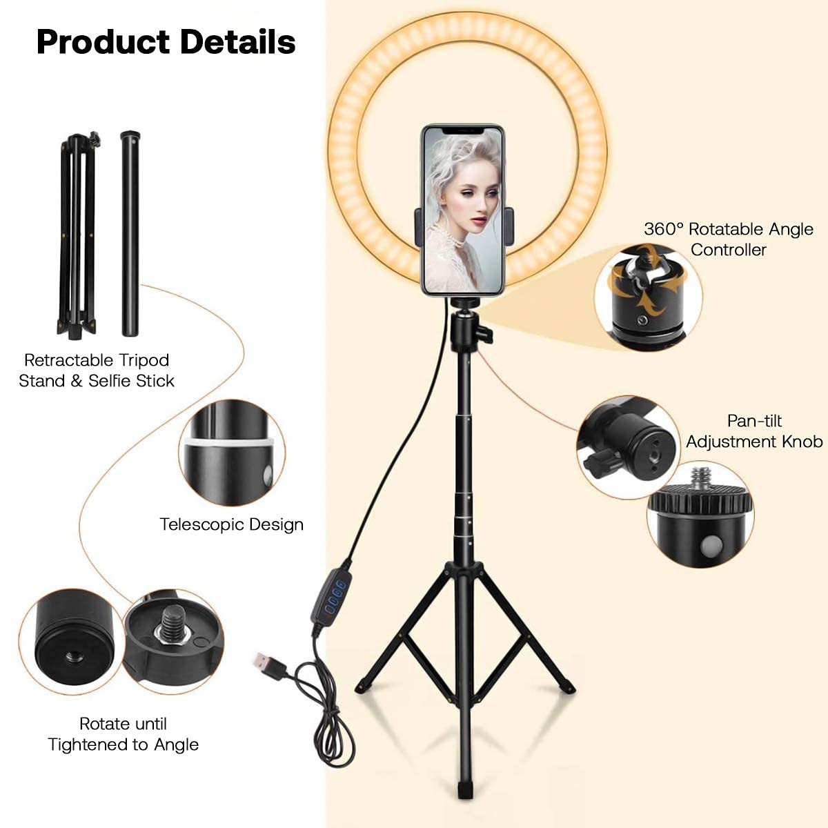 Anillo de luz con trípode y Soporte para teléfono, luz Circular LED Regulable de 10.2 Pulgadas con 3 Modos y 10 de Brillo, Control Remoto Bluetooth para Selfie, Maquillaje, Youtube, Video
