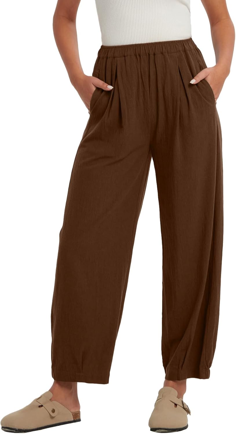Les umes Women's Cotton Wide Leg Pants High Waist Plus Size Harem Trousers Cropped with Pockets Elastic Waist Casual Summer