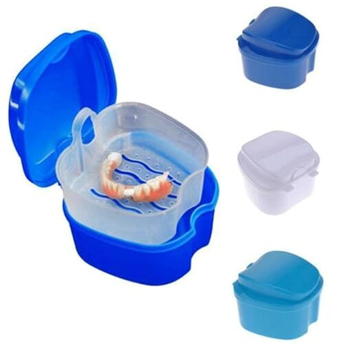 Miniatura 2 de DAMAJI - Caja de baño para dentaduras postizas, contenedor de almacenamiento con cesta coladora para almacenamiento de dientes falsos de viaje (azul
