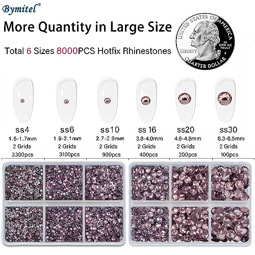 Image of Bymitel Hotfix Crystal Rhinestones Round Gems for Crafts,Mixed 6 Sizes with Wax Pencil Kit, Lt. Amethyst 1.6-6.3mm SS4-SS30 /8000pcs