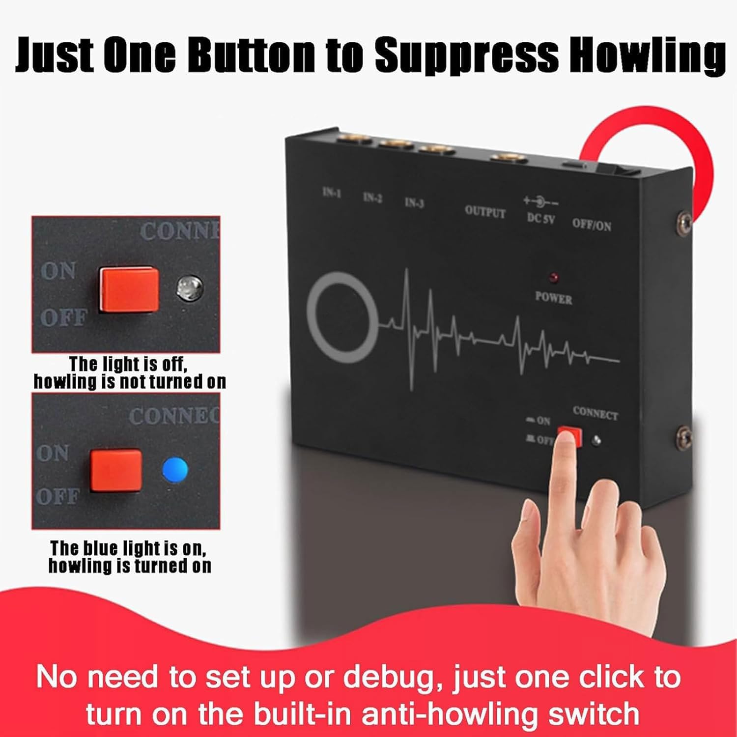 Soppressore di Feedback Portatile, Soppressore di Feedback per Microfono Wireless, Sistema Anti-ululato 3K, Funzione di Riduzione del Rumore con Un Clic, per Matrimoni, Spettacoli, Discorsi