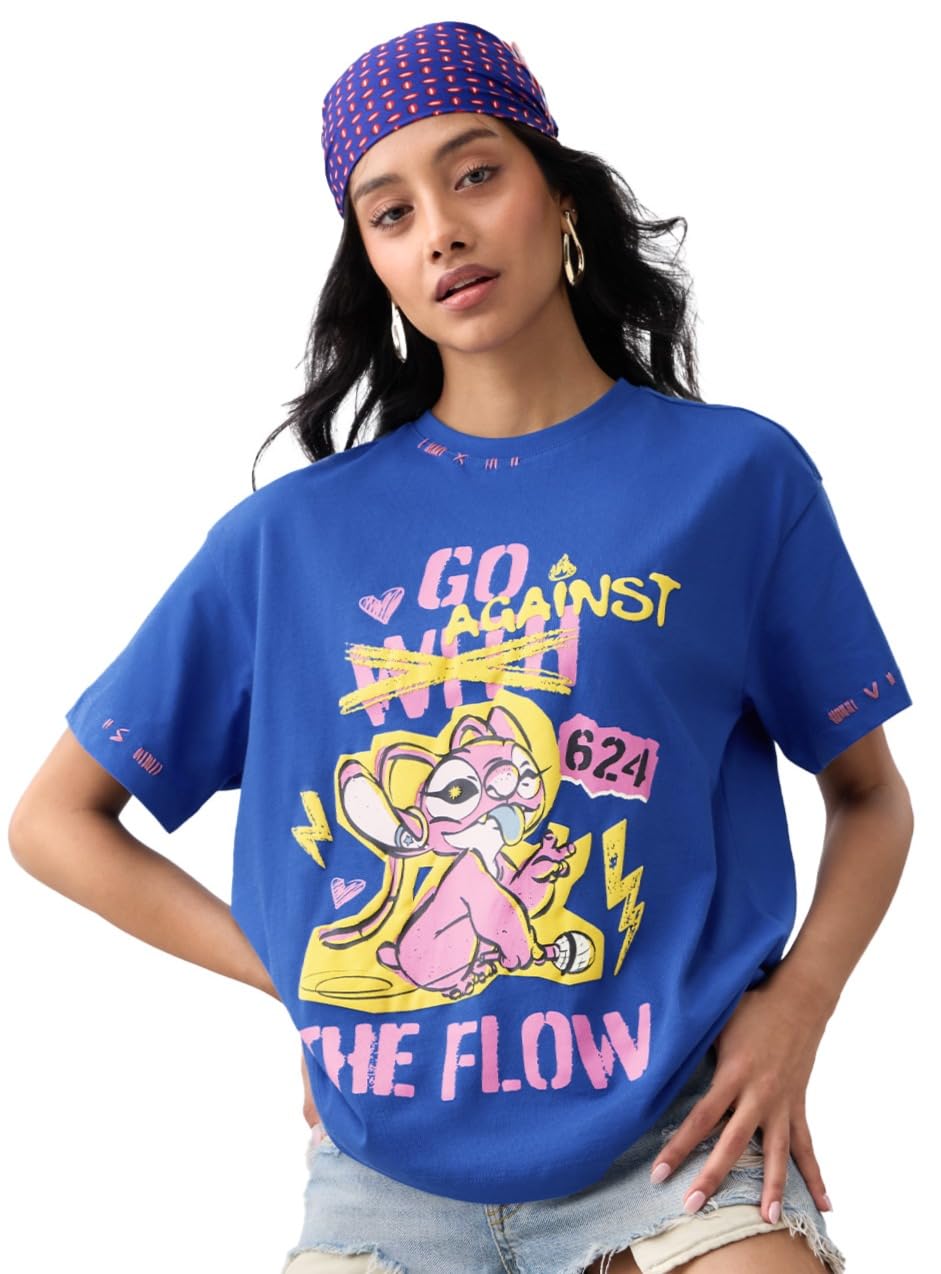 the souled store Lilo & Stitch: Against The Flow Women and Girls Short Sleeves Round Neck Blue Graphic Printed Drop Shoulder Cotton Breathable Streetwear Oversized T-Shirts-picture-11