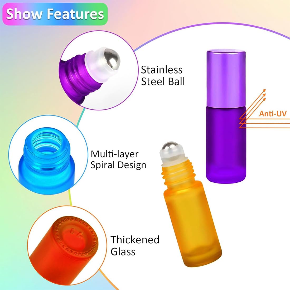 8 Piezas Botella Roll On Cristal,Rellenable Perfume Roll 5ml,Botellas Vacías de 8 Colores,con Bola de Acero Inoxidable,para Aceites Esenciales,Aromaterapia, Perfumes,Masajes