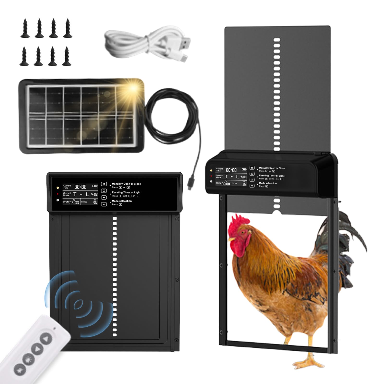 Abridor automático de puerta de gallinero alimentado por energía solar, grande para correr. Pantalla LED, temporizador, sensor de luz, control manual y remoto, antipellizcos, aleación de