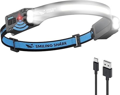 Smiling Shark TD-0123-S - Linterna frontal ultrabrillante de 2400 mAh, recargable con sensor de movimiento manos libres, lámpara de cabeza LED