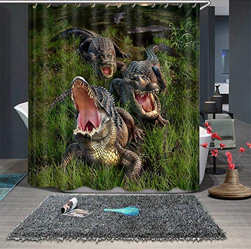 JZDH Shower Curtain for Bathroom Marsh Ferocious Crocodile Pattern Shower Curtain, 3D Digital Printing Waterproof Shower Curtain With 12 Hooks