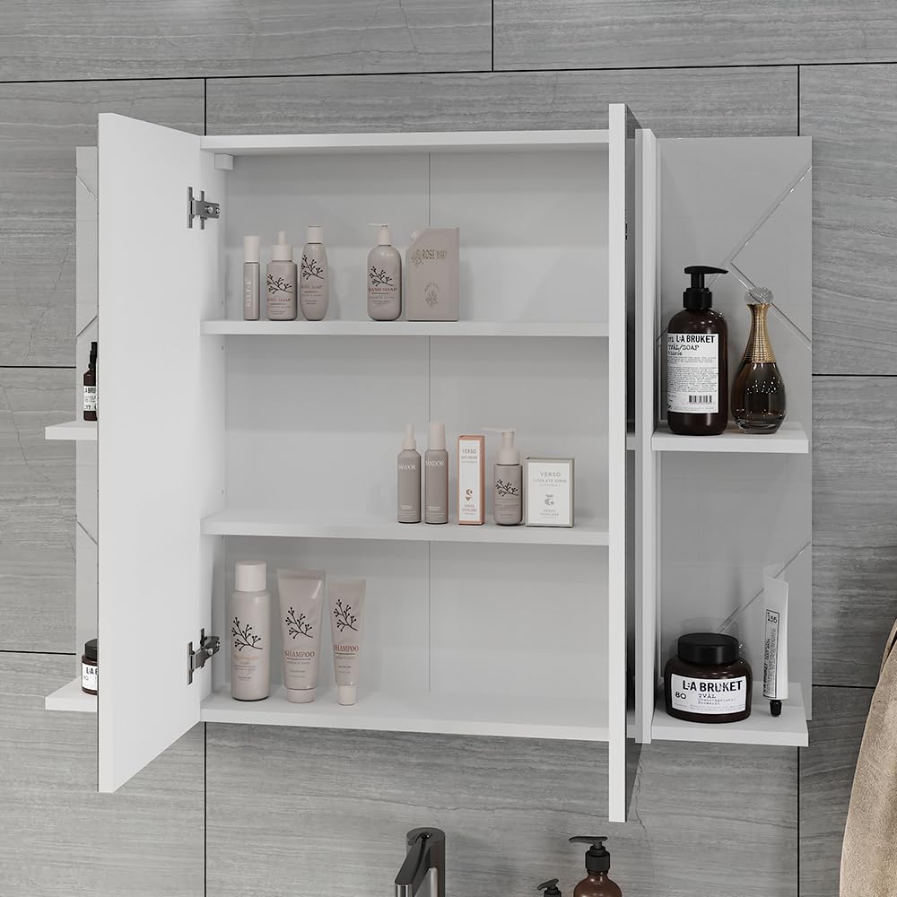 Vicco Mobile a specchio per il bagno Irma, Bianco/bianco lucido, 100 x 75 cm con 2 porte, con specchio e ripiani regolabili