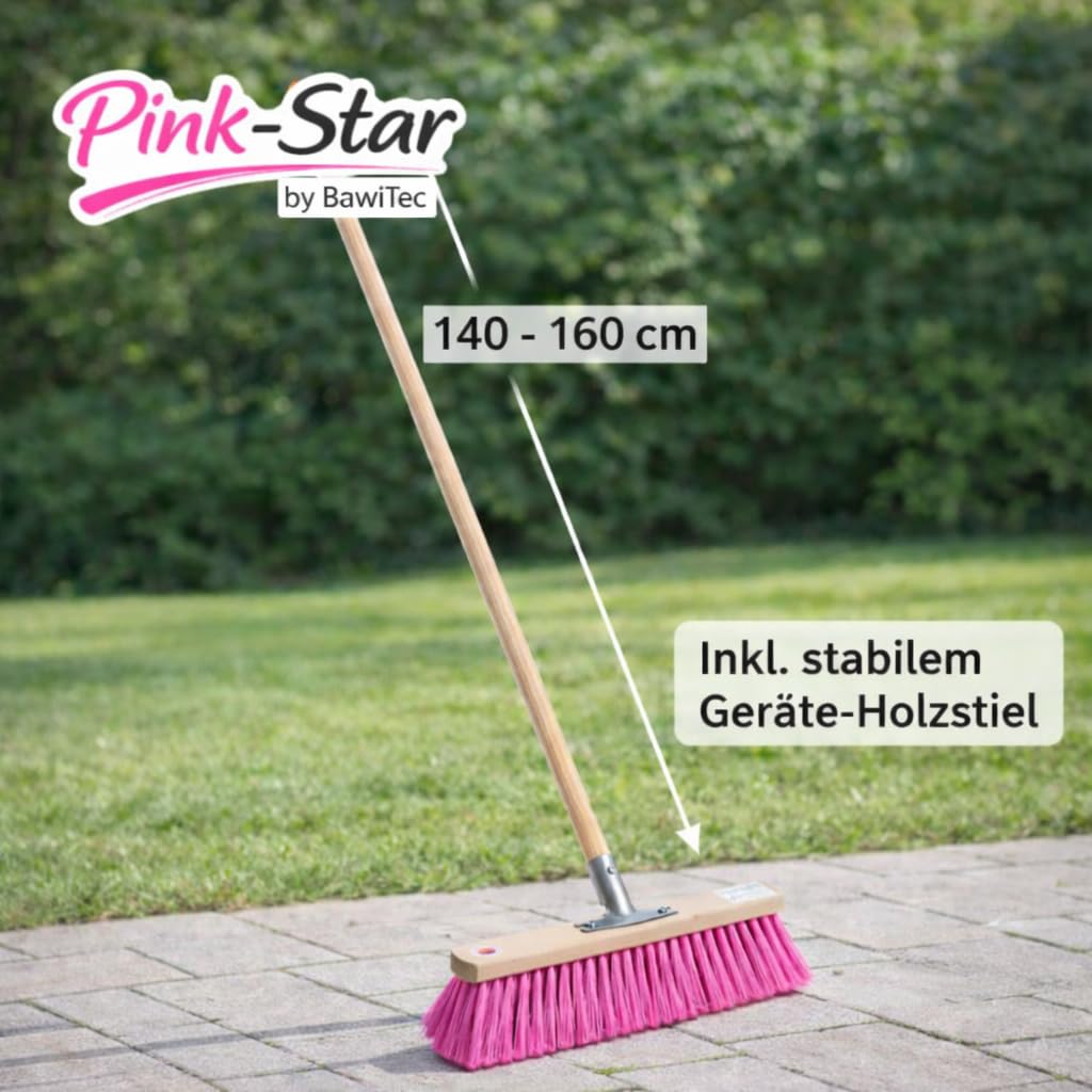 Pink-Star Besen Handfeger Set Straßenbesen mit Pinken Borsten Komplett-Set mit Stiel Besenstiel Hochwertig Langlebig für Draußen Garten Werkstatt Haus und Hof 60cm mit Holzstiel